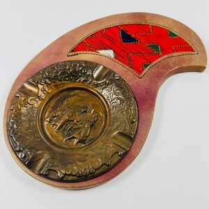 Vintage Copper Patina Ashtray Catchall Paisley Leather Tavern Scene BOHO MCM